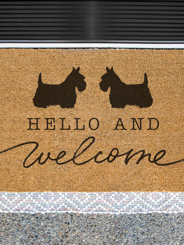 2 Scottish Terriers on a Doormat