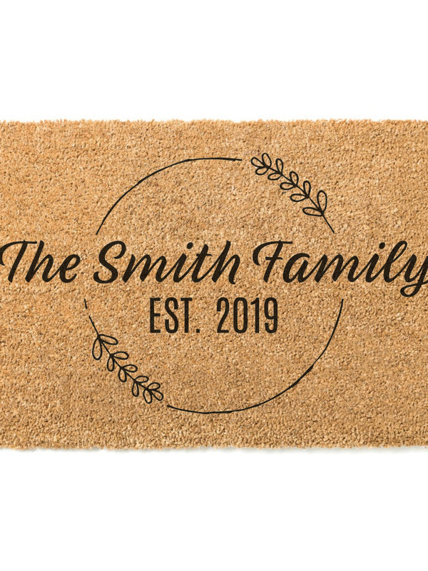 Leaf Ring Family Name Welcome Mat / Last Name Doormat / Surname Door Mat / Wedding / Anniversary / Housewarming / Hostess / Established Date