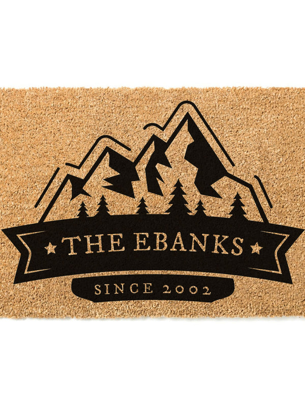 Mountain Banner Doormat / Welcome Mat / Door Mat / Mountain / Forest / Trees / Camping / Family Name / Custom Doormat / Summer / Spring