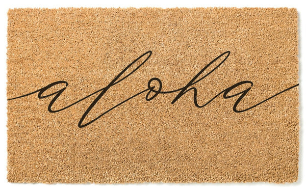 Aloha Rectangular Natural Coco Coir Door Mat with No Slip Backing, Natural/Black Front Door Mat, Front Entrance Hawaii Welcome Doormat