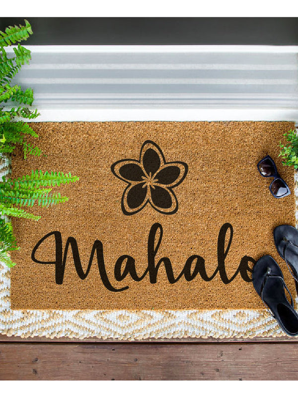 Mahalo Rectangular Natural Coco Coir Door Mat with No Slip Backing, Natural/Black Front Door Mat, Front Entrance Hawaii Welcome Doormat