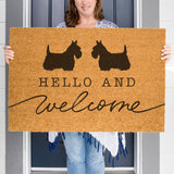 2 Scottish Terriers on a Doormat