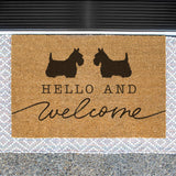 2 Scottish Terriers on a Doormat