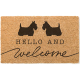 2 Scottish Terriers on a Doormat