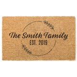 Leaf Ring Family Name Welcome Mat / Last Name Doormat / Surname Door Mat / Wedding / Anniversary / Housewarming / Hostess / Established Date