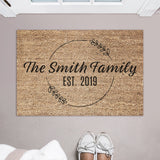 Leaf Ring Family Name Welcome Mat / Last Name Doormat / Surname Door Mat / Wedding / Anniversary / Housewarming / Hostess / Established Date