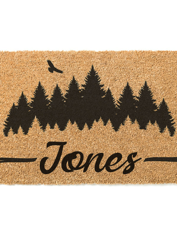 Trees Family Name Doormat / Forrest Door Mat / Welcome Mat / Hiker / Mountains / Last Name / Surname / Summer / Family Name / Wedding