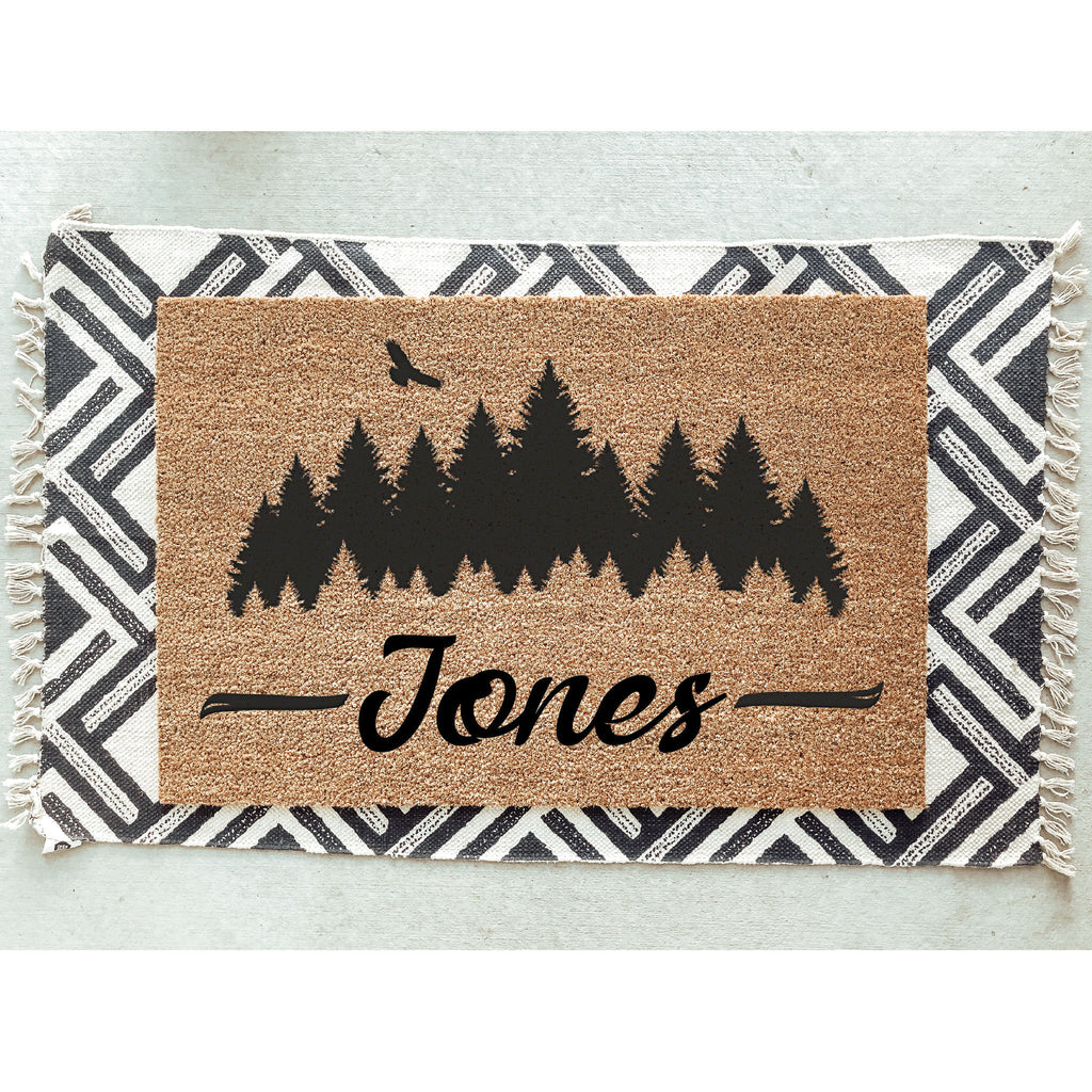 Trees Family Name Doormat / Forrest Door Mat / Welcome Mat / Hiker / Mountains / Last Name / Surname / Summer / Family Name / Wedding