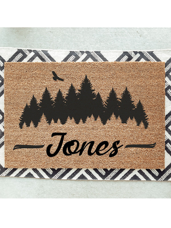 Trees Family Name Doormat / Forrest Door Mat / Welcome Mat / Hiker / Mountains / Last Name / Surname / Summer / Family Name / Wedding