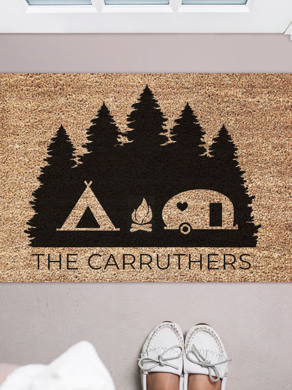 Camper and Tent on Trees Doormat / Welcome Mat / Door Mat / Camping Doormat / Tenting Doormat / Outdoorsman Gift / Trailer Doormat