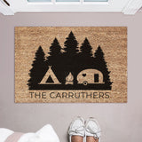 Camper and Tent on Trees Doormat / Welcome Mat / Door Mat / Camping Doormat / Tenting Doormat / Outdoorsman Gift / Trailer Doormat