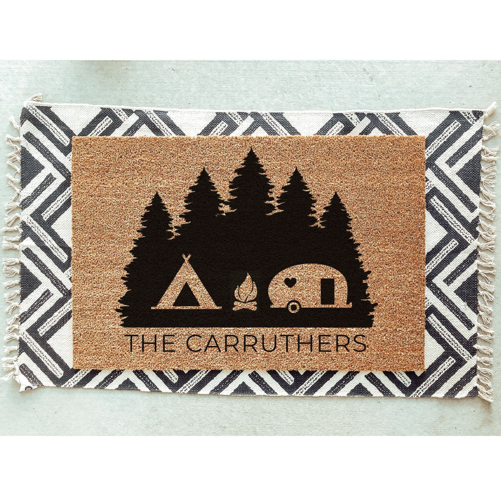 Camper and Tent on Trees Doormat / Welcome Mat / Door Mat / Camping Doormat / Tenting Doormat / Outdoorsman Gift / Trailer Doormat