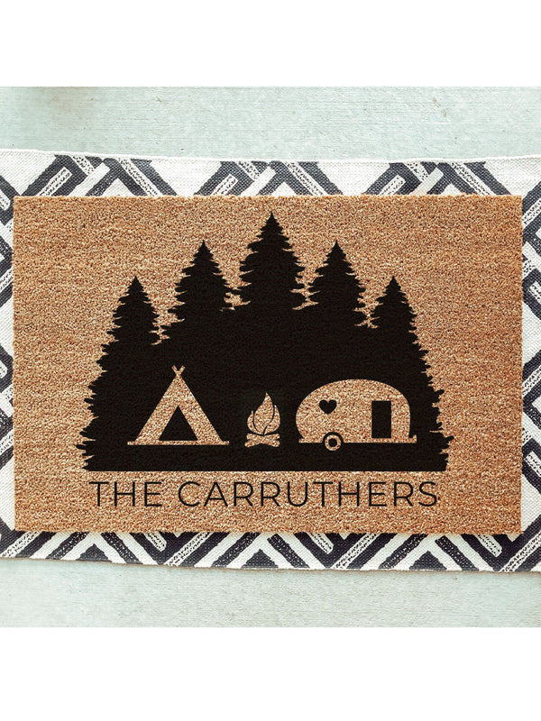 Camper and Tent on Trees Doormat / Welcome Mat / Door Mat / Camping Doormat / Tenting Doormat / Outdoorsman Gift / Trailer Doormat