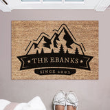 Mountain Banner Doormat / Welcome Mat / Door Mat / Mountain / Forest / Trees / Camping / Family Name / Custom Doormat / Summer / Spring