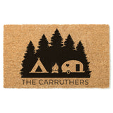 Camper and Tent on Trees Doormat / Welcome Mat / Door Mat / Camping Doormat / Tenting Doormat / Outdoorsman Gift / Trailer Doormat
