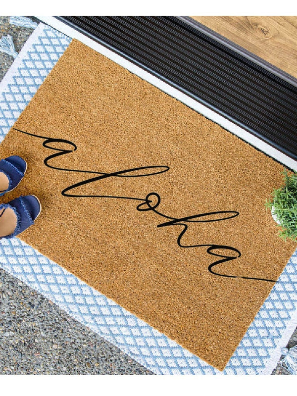 Aloha Rectangular Natural Coco Coir Door Mat with No Slip Backing, Natural/Black Front Door Mat, Front Entrance Hawaii Welcome Doormat