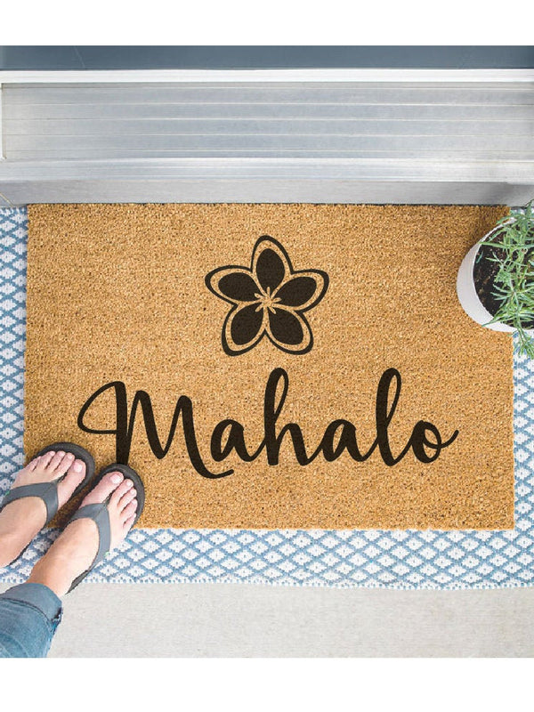Mahalo Rectangular Natural Coco Coir Door Mat with No Slip Backing, Natural/Black Front Door Mat, Front Entrance Hawaii Welcome Doormat