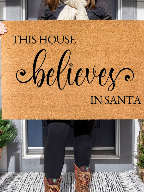 This House Believes In Santa Christmas Doormat / Holiday Doormat / Joyeux Noel / Holiday Decor / Christmas Design / Christmas Gift for Mom