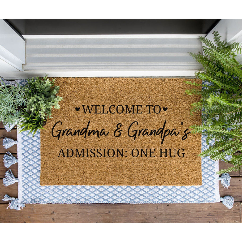 CUSTOM DOORMAT, Welcome to Grandma & Grandpa's Admission One Hug Doormat, Grandparent Welcome Mat,Door Mat, Custom Doormat, Grandparent Gift